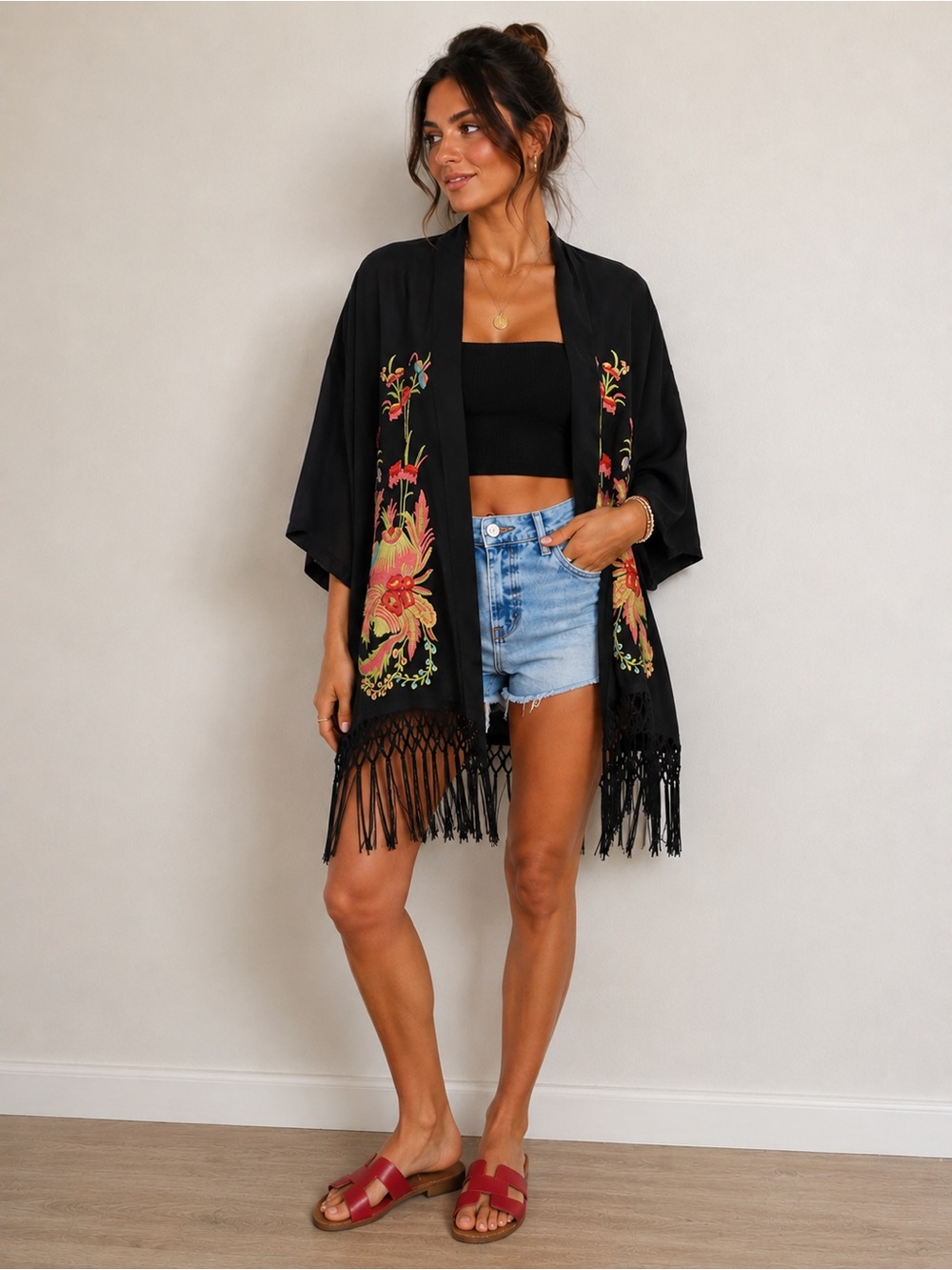 Forever 21 Black Embroidered Floral Fringe Kimono Boho Festival